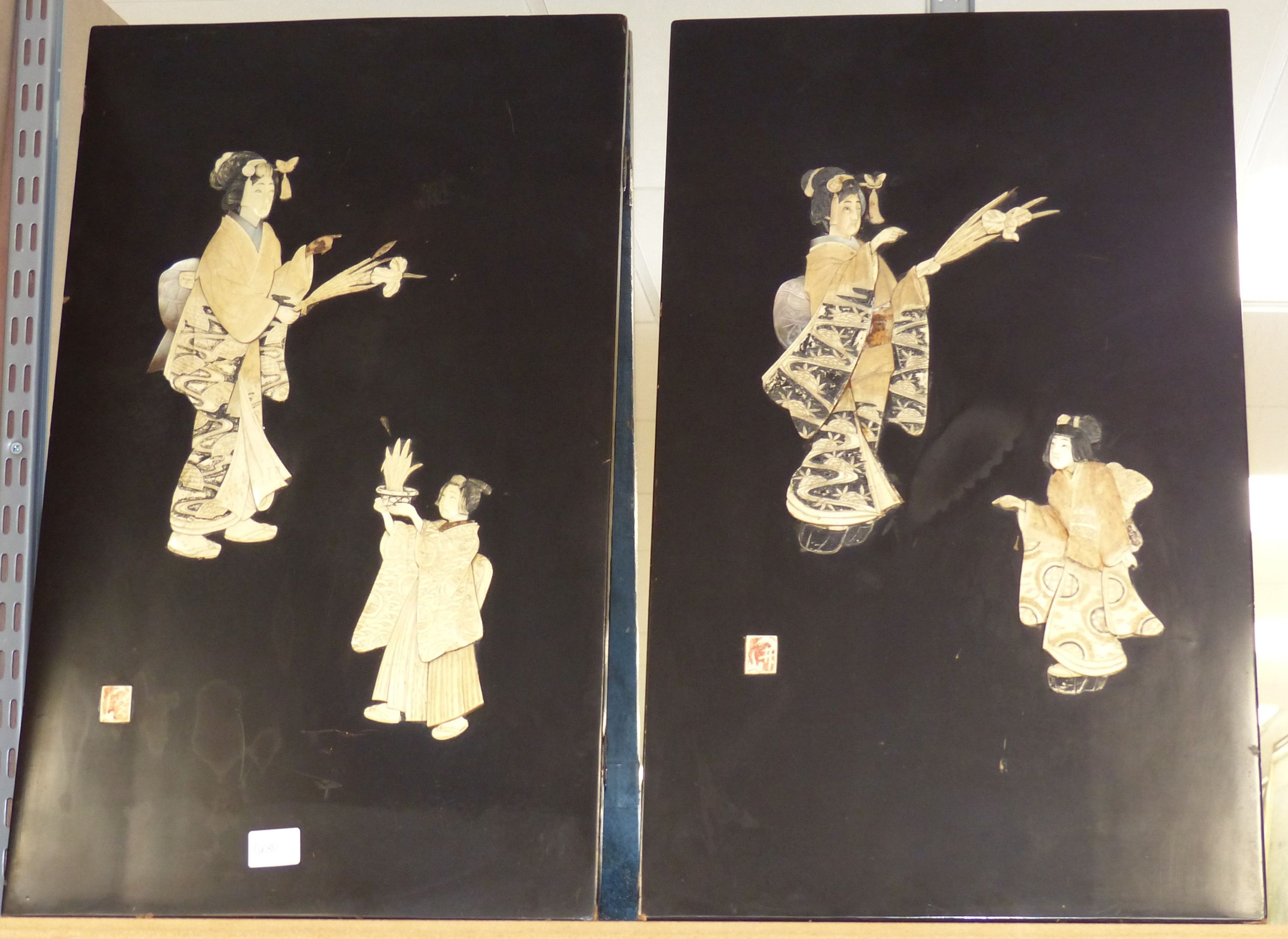 Two Japanese Shibayama style panels of bijin, 61 x 36cm